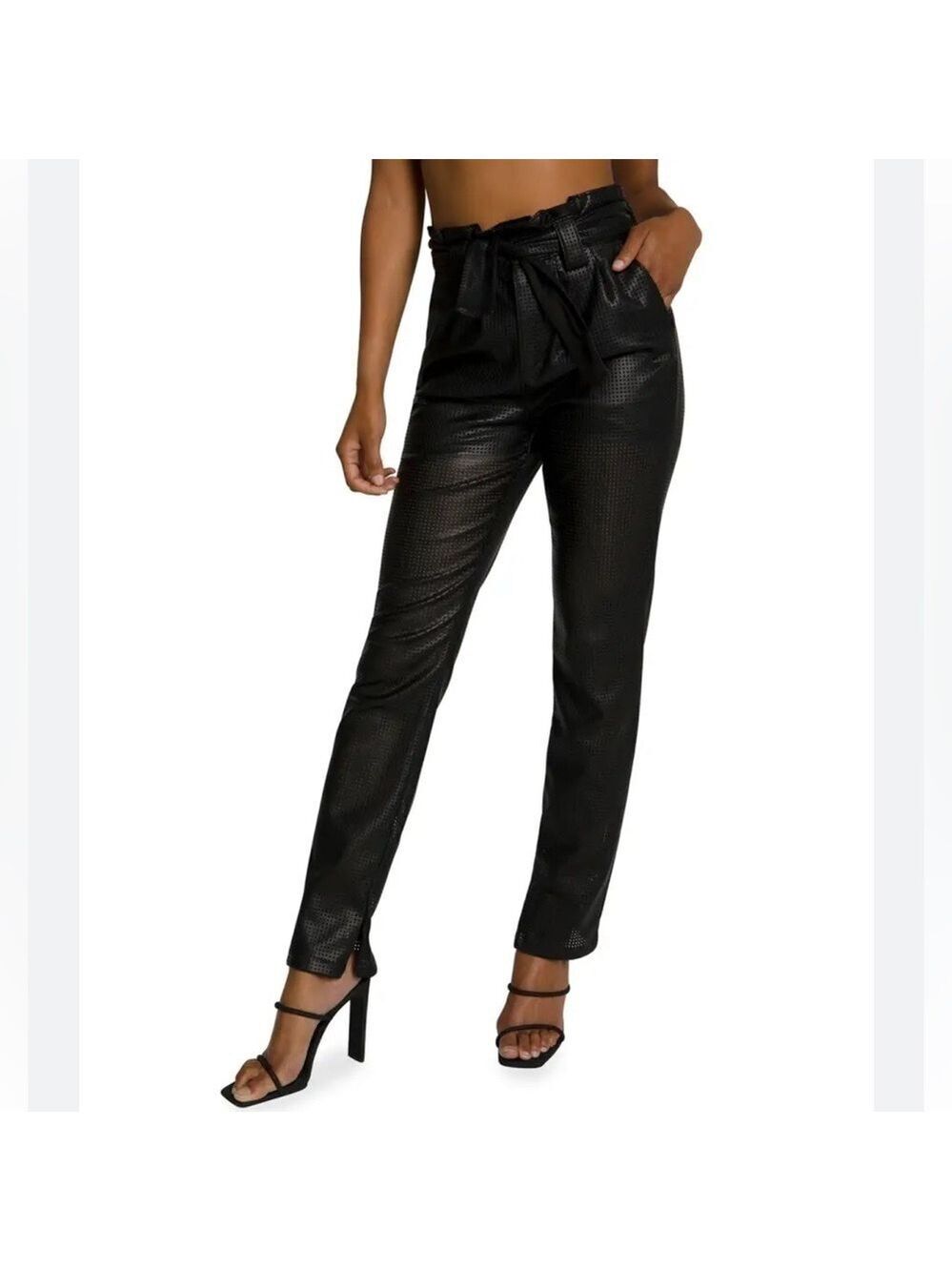 Good American black pleated front belted vegan faux leather pant Size 1